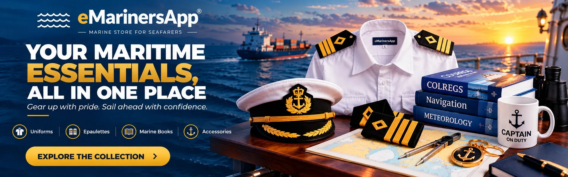 Merchant navy officer uniform, captain’s cap, gold-striped epaulettes, marine books, navigation accessories and maritime essentials against an ocean sunset.